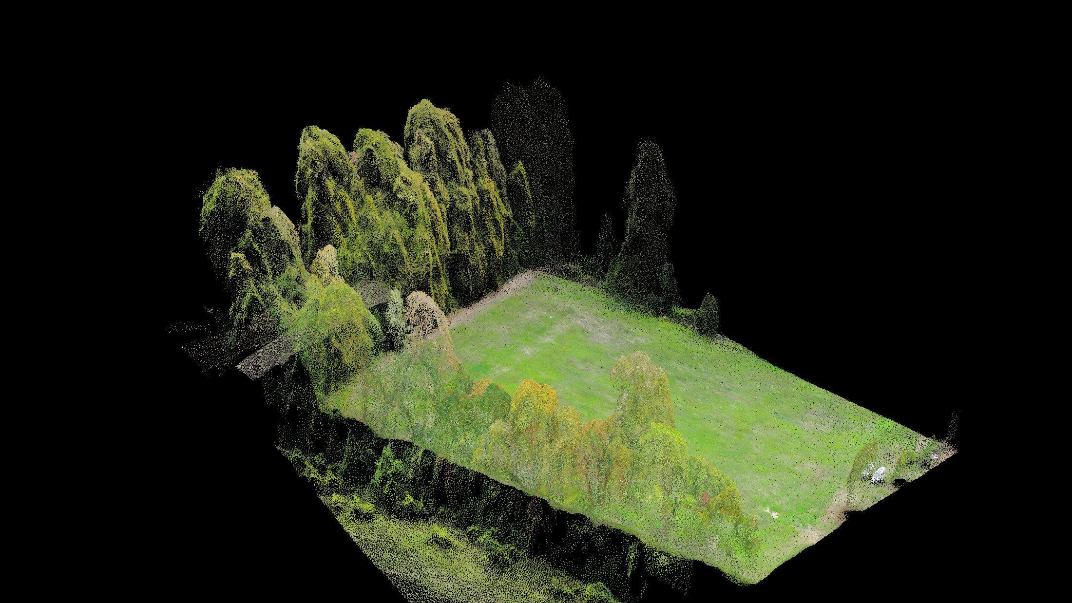 Point cloud of surveyed farmland in true colour, ground surface and field boundaries resolved from the air